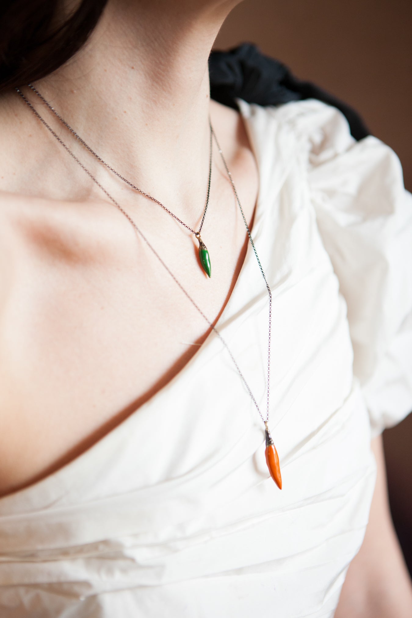 Necklace Soo Hot Chili with Large Orange Pepper, Blue Cord and Pyrite Beads