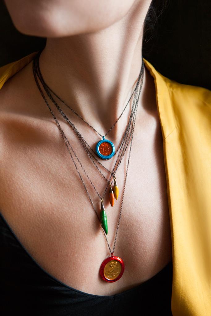 Necklace Soo Hot Chili with Large Orange Pepper, Blue Cord and Pyrite Beads