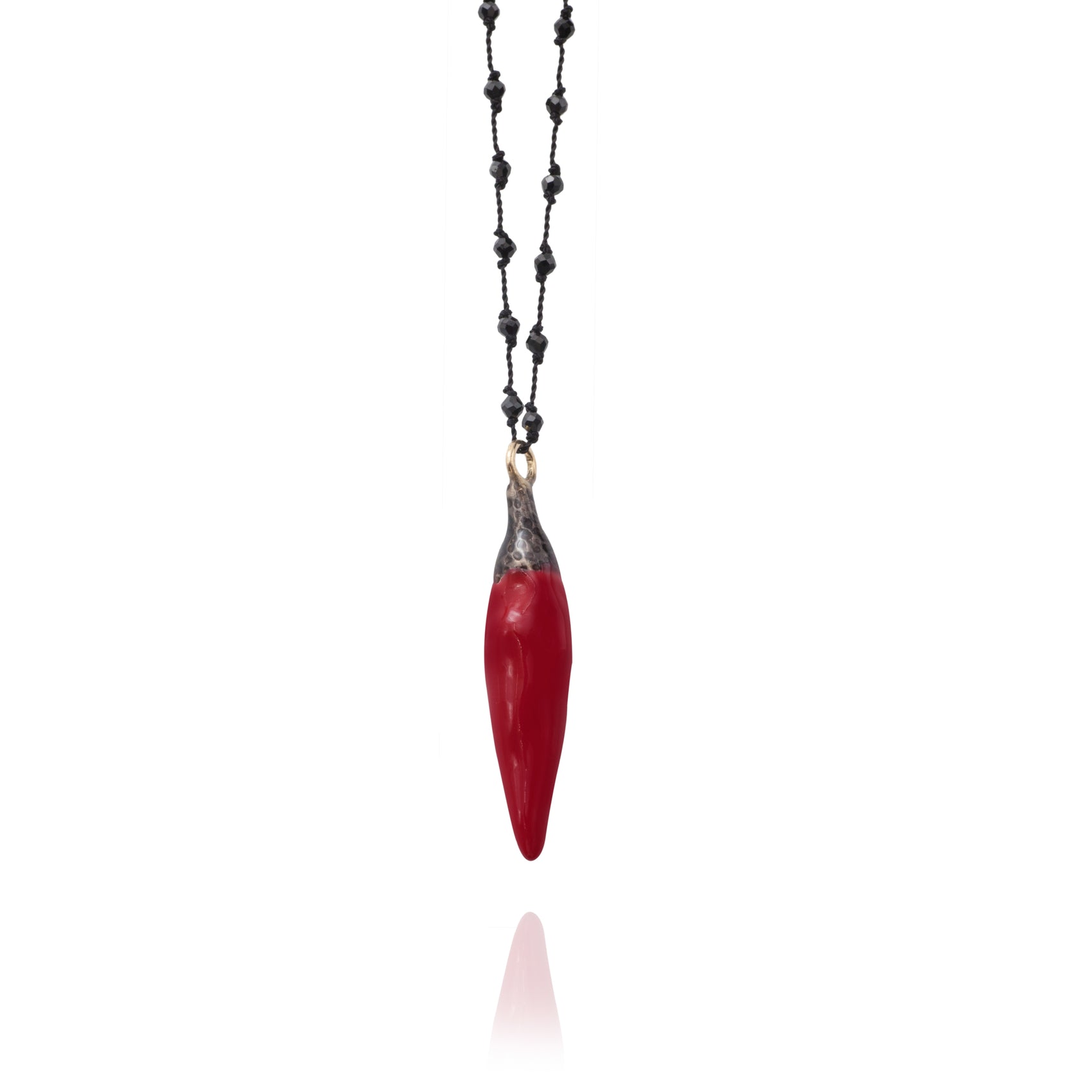 Necklace Soo Hot Chili with Large Red Pepper, Black Cord and Spinel Beads