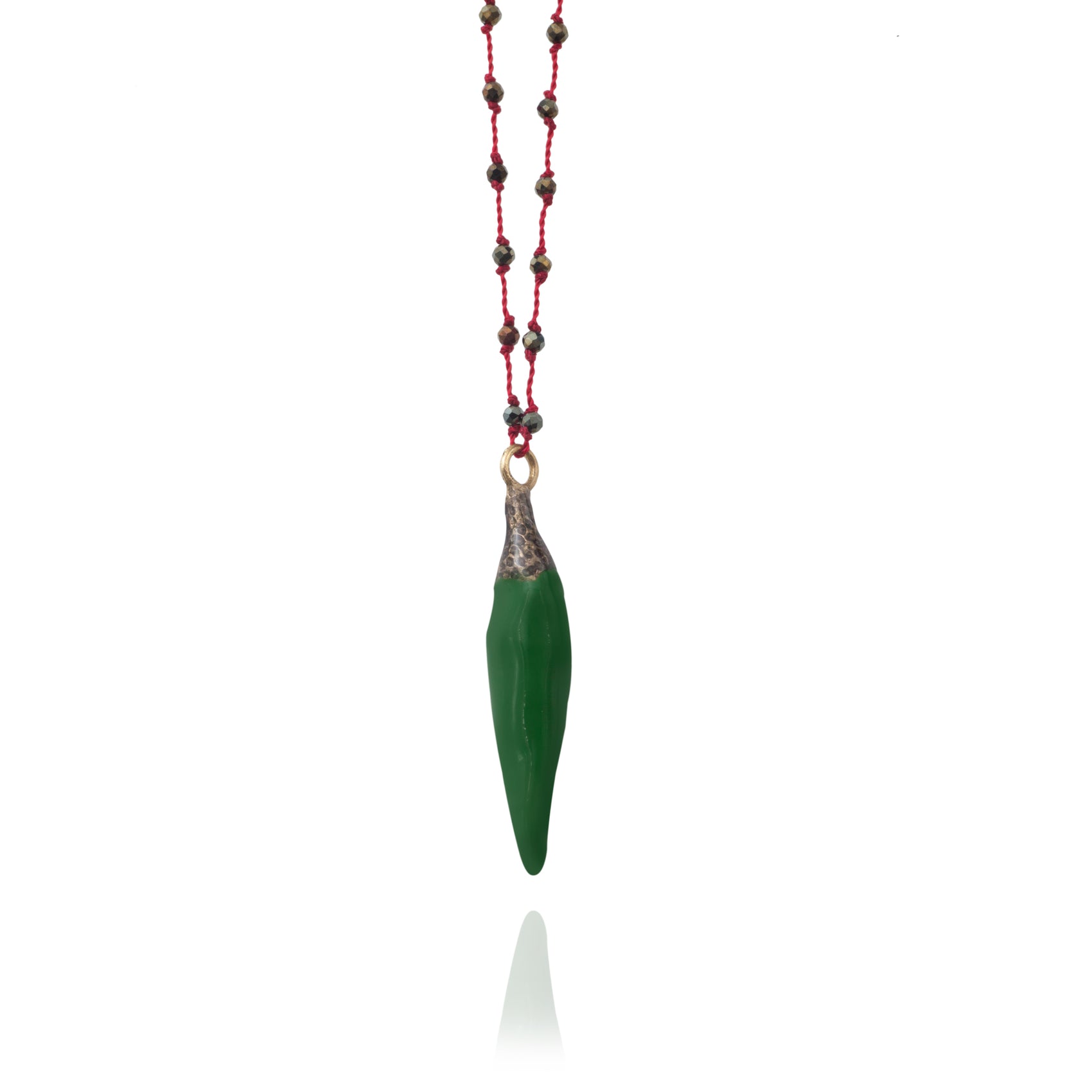 Necklace Soo Hot Chili with Large Green Pepper, Garnet Cord and Pyrite Beads