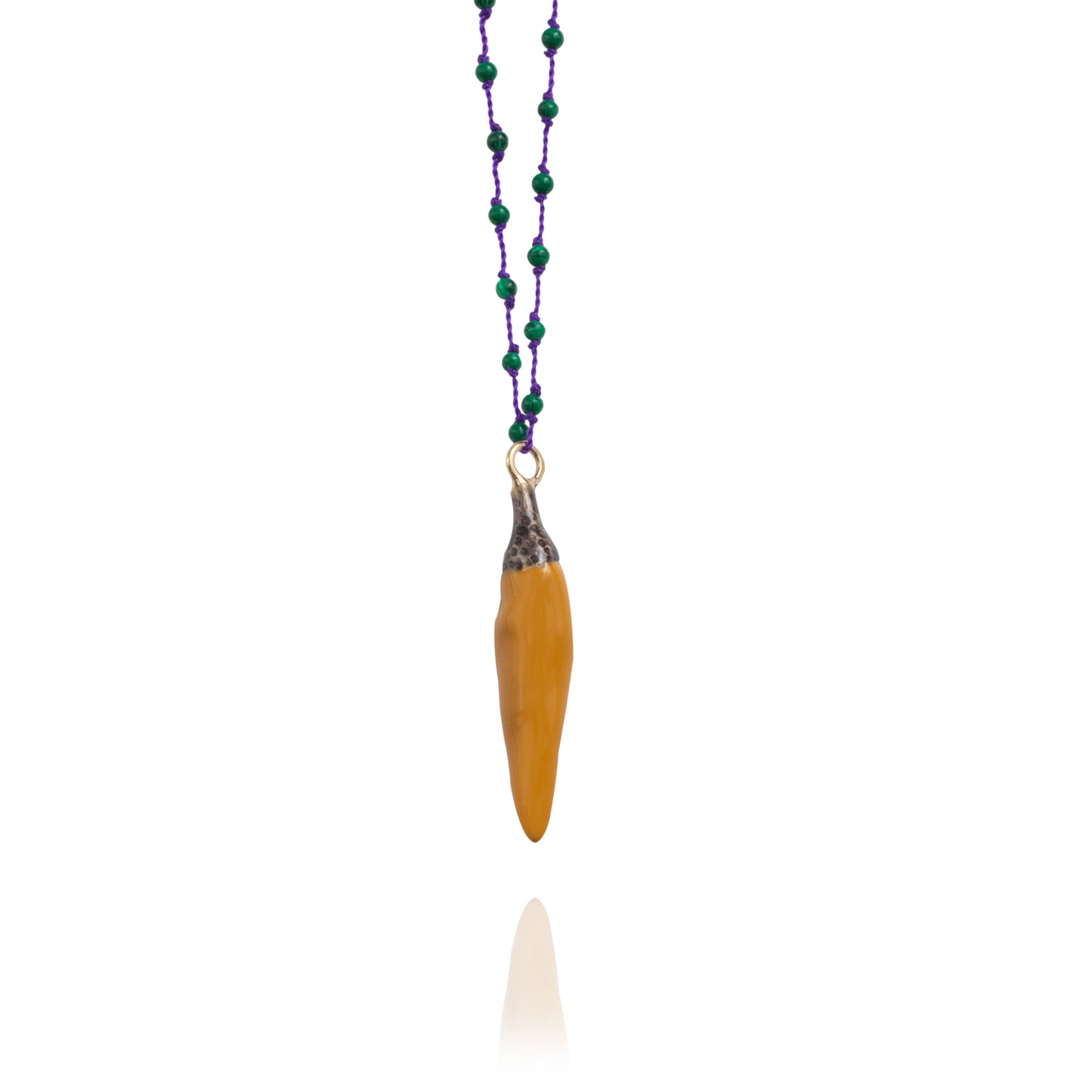 Necklace Soo Hot Chili with Large Yellow Pepper, Blue Cord and Malachite Beads