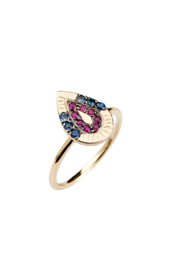 Ring Zuhno Fine Engraved Yellow Gold K14 with Rubies and Sapphires