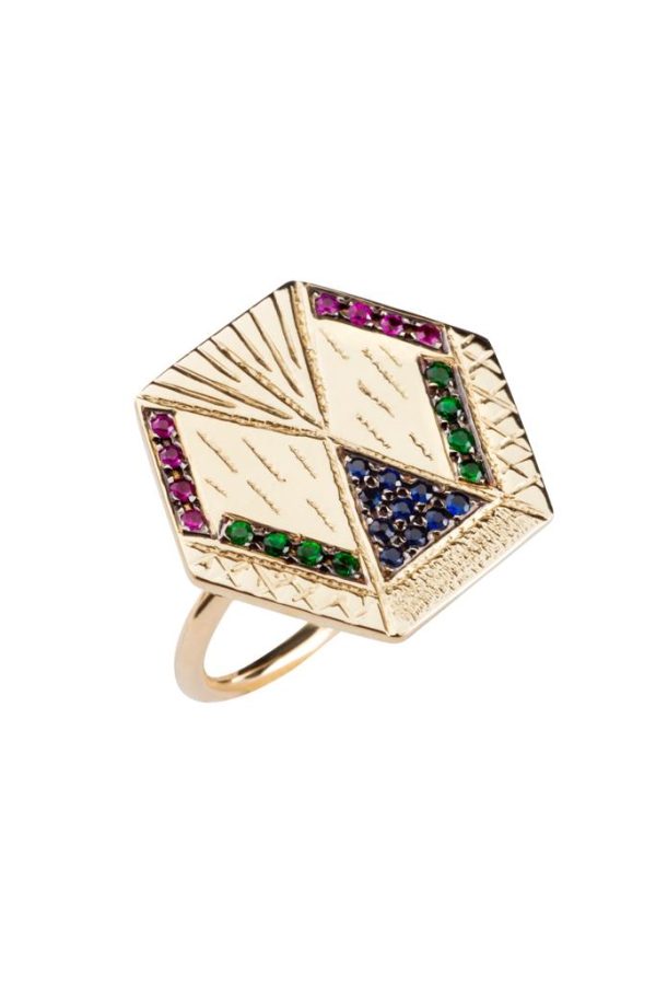 Ring Zuhno Fine Yellow Gold K14 with Tsavorites, Sapphires and Rubies