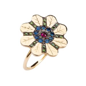 Ring Zuhno Fine Yellow Gold K14 with Green Diamonds, Sapphires and Rubies
