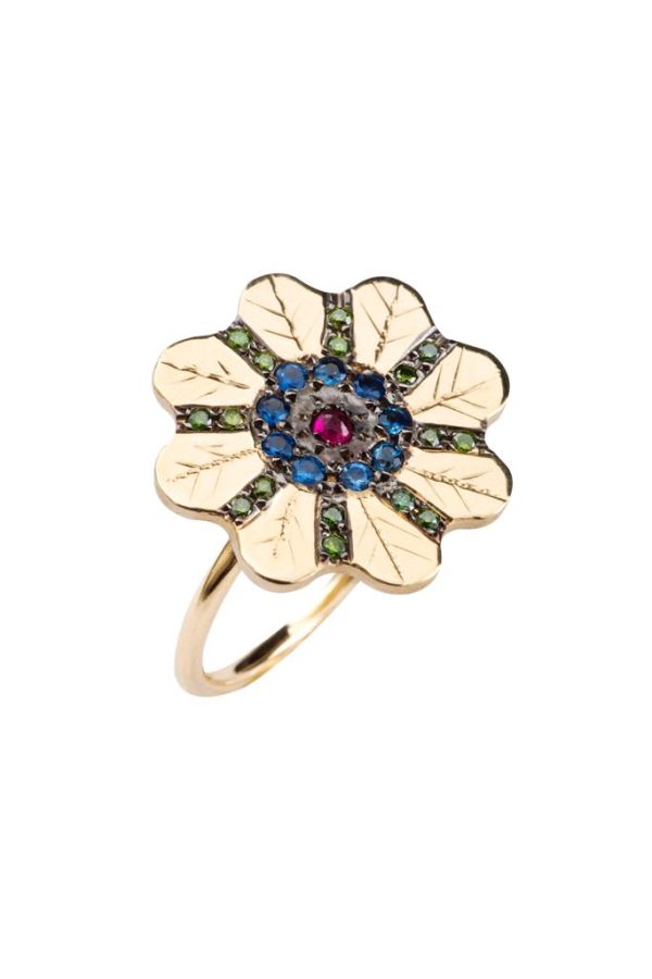 Ring Zuhno Fine Yellow Gold K14 with Green Diamonds, Sapphires and Rubies