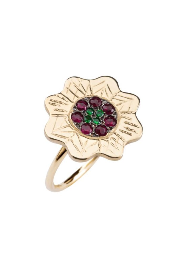 Ring Zuhno Fine Yellow Gold K14 with Rubies and Tsavorites