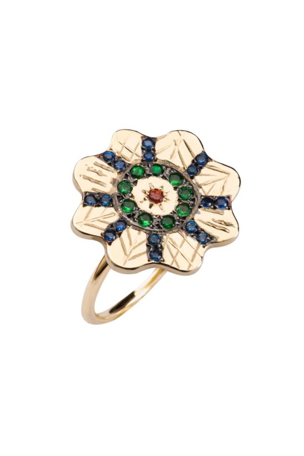 Ring Zuhno Fine Yellow Gold K14 with Tsavorites, Sapphires and Rubies