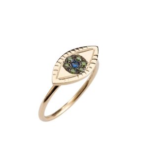 520 Ring Zuhno Fine Yellow Gold K14 with Green Diamonds and Sapphires