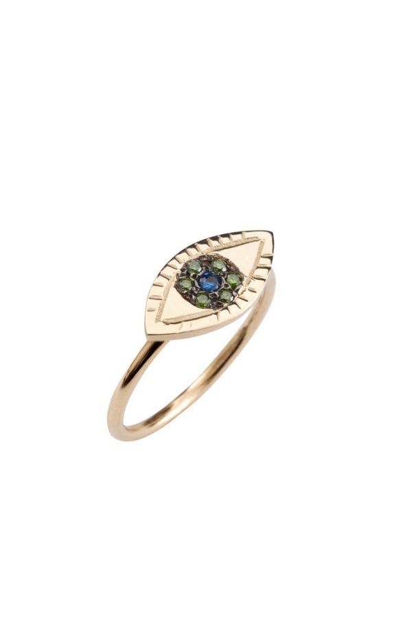 520 Ring Zuhno Fine Yellow Gold K14 with Green Diamonds and Sapphires