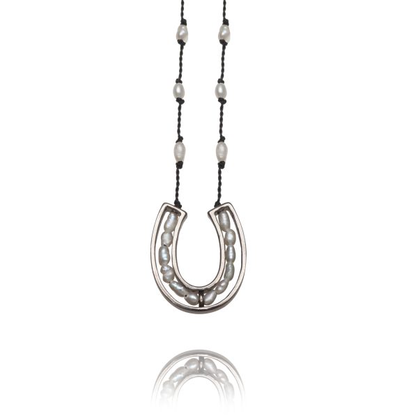 834-black rhodium-horseshoe-white pearl-black cord-42