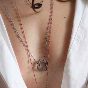 Silver Beady Beat Necklace with Baby Pink Coral Beads and Blue Cord