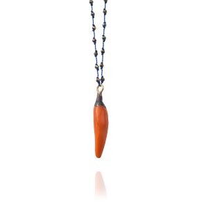 Necklace Soo Hot Chili with Large Orange Pepper, Blue Cord and Pyrite Beads