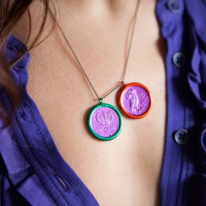 Necklace Money-Money With Enameled Double Circle Medium Coin and Sterling Silver Chain