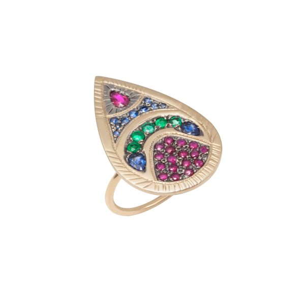 Ring Pear Zuhno Fine Yellow Gold K9 with Rubies, Sapphires and Emeralds