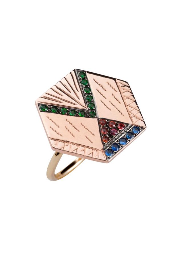 Ring Zuhno Fine Pink Gold K9 with Sapphires and Tsavorites 442