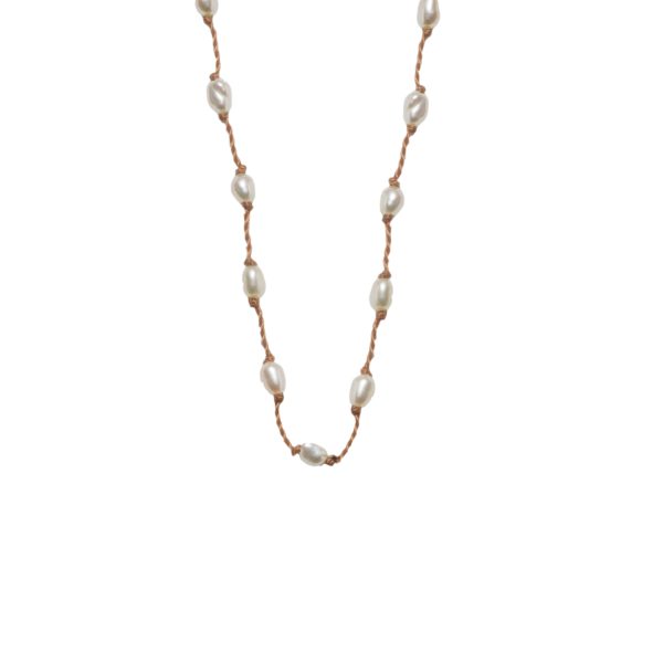 Silver Beady Beat Necklace with Pearl Beads and Beige Cord