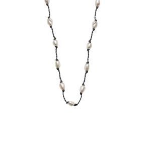 Silver Beady Beat Necklace with Pearl Beads and Black Cord