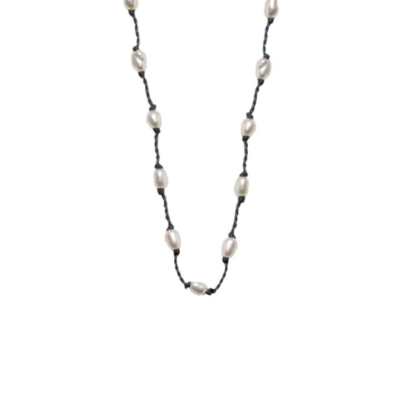Silver Beady Beat Necklace with Pearl Beads and Black Cord