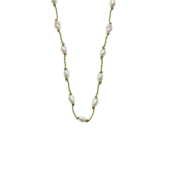 Silver Beady Beat Necklace with Pearl Beads and Olive Green Cord