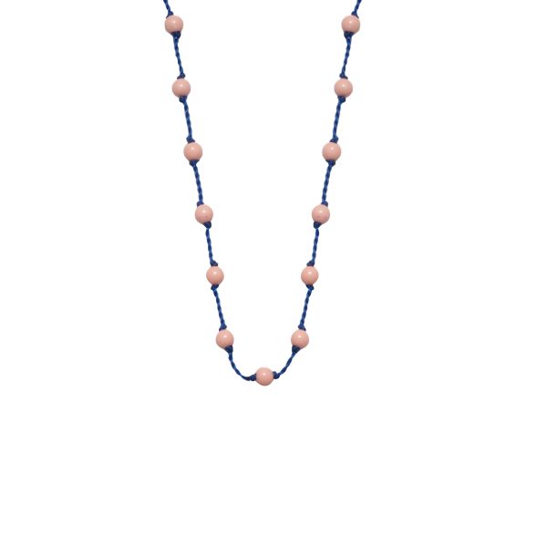 Silver Beady Beat Necklace with Baby Pink Coral Beads and Blue Cord