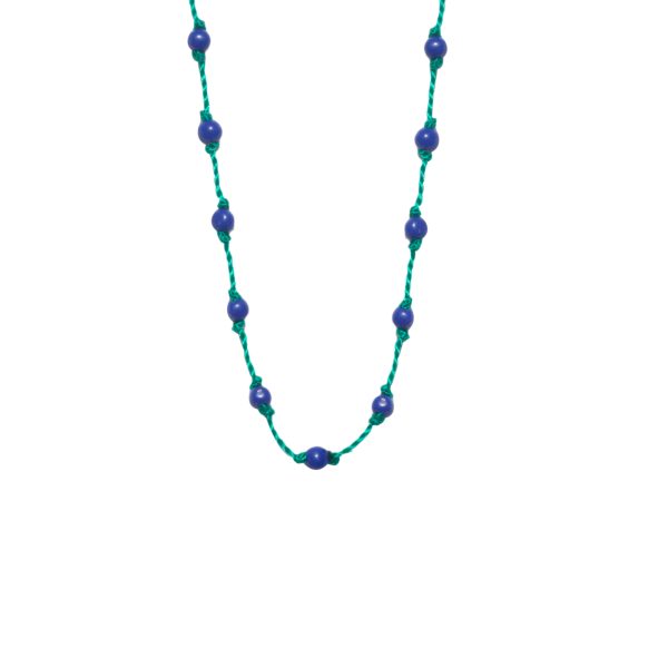 Silver Beady Beat Necklace with Lapis Lazuli Beads and Green Cord