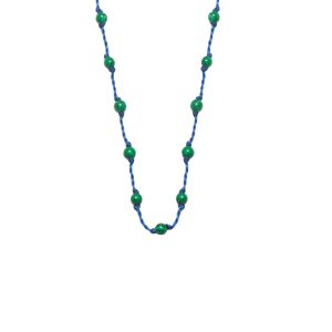 Silver Beady Beat Necklace with Malachite Beads and Blue Cord