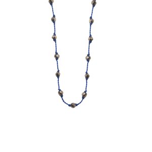 Silver Beady Beat Necklace with Pyrite Beads and Blue Cord
