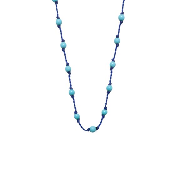 Silver Beady Beat Necklace with Baby Blue Turquoise Beads and Blue Cord