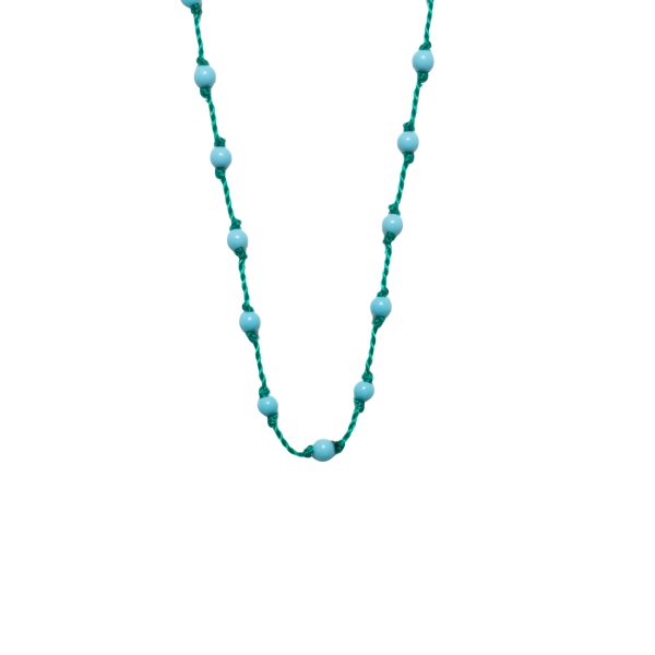 Silver Beady Beat Necklace with Baby Blue Turquoise Beads and Green Cord
