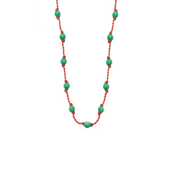 Silver Beady Beat Necklace with Green Turquoise Beads and Orange Cord