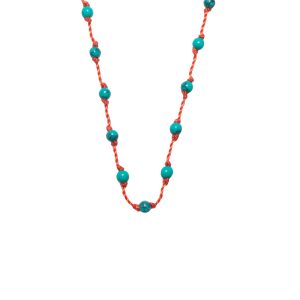 Silver Beady Beat Necklace with Turquoise Beads and Orange Cord