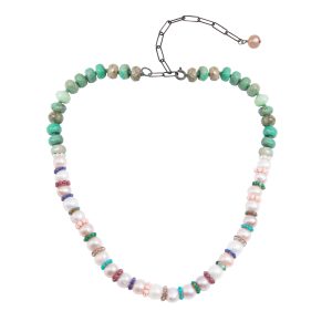 Sterling Silver Disco Pearl Necklace with Pearls, Green Agate and multi stones