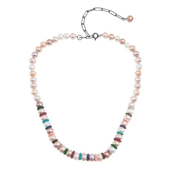 Sterling Silver Disco Pearl Necklace with Pearls and multi stones