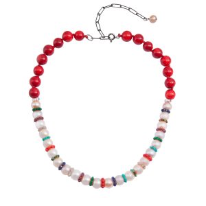 1109 Sterling Silver Disco Pearl Necklace with Pearls, Red Corals and multi stones