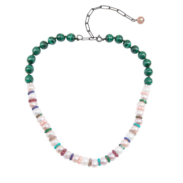1113 Sterling Silver Disco Pearl Necklace with Pearls, Malachite and multi stones