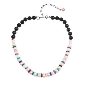 1115 Sterling Silver Disco Pearl Necklace with Pearls, Black Tourmaline and multi stones