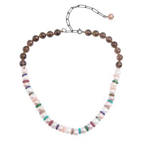 Sterling Silver Disco Pearl Necklace with Pearls, Smokey Quartz and multi stones