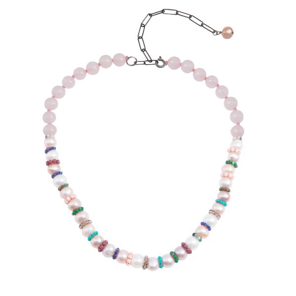 1117 Sterling Silver Disco Pearl Necklace with Pearls, Rose Quartz and multi stones