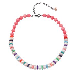 1164 Sterling Silver Disco Pearl Necklace with Pearls, Pink Coral and multi stones