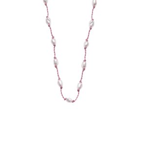 Silver Beady Beat Necklace with Pearl Beads and Pink Cord