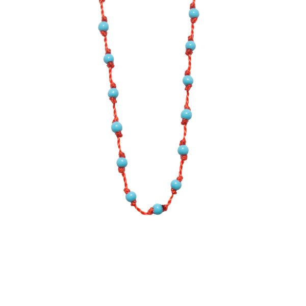 Silver Beady Beat Necklace with Baby Blue Turquoise Beads and Orange Cord