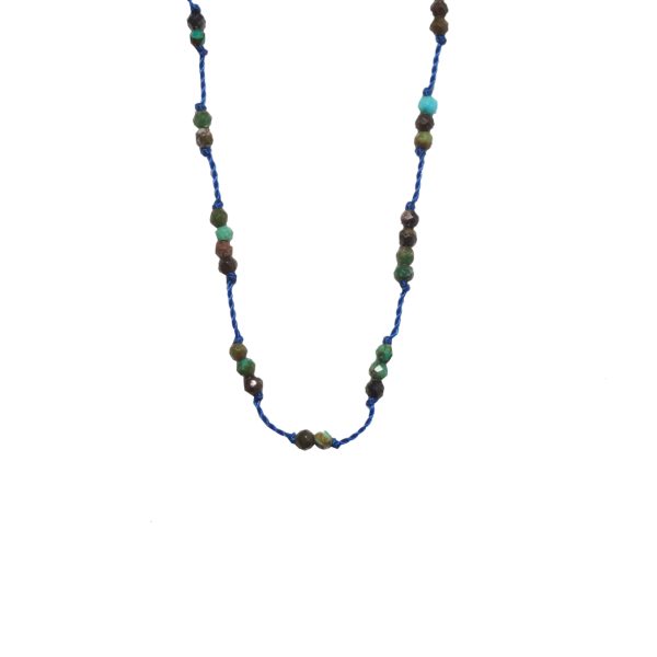 Silver Beady Beat Necklace with Oxidized Turquoise Beads and Blue Cord