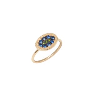 Ring Zuhno Fine Yellow Engraved Gold K14 Oval with Green Diamonds and Sapphires
