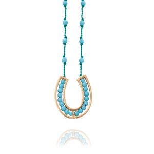 Pendant Necklace Silver Horseshoe with Baby Blue Turquoise Beads and Green Cord