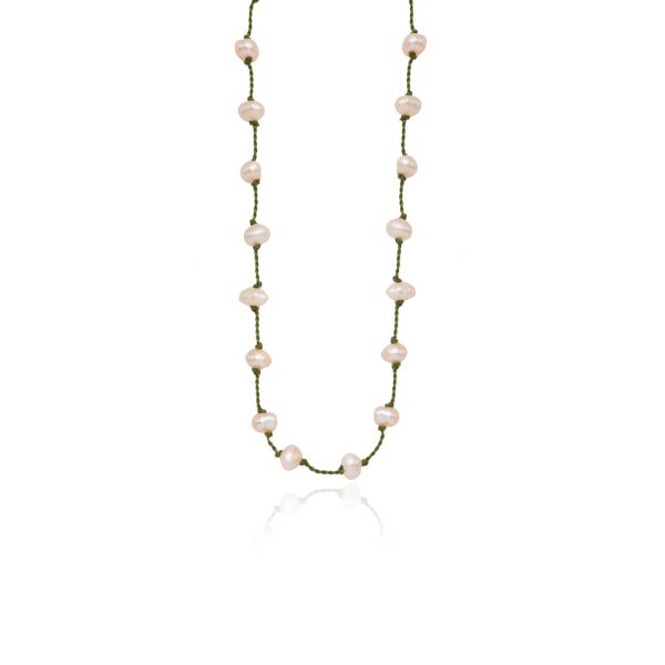 1238-Pink-Gold-plated-sterling-silver-Beady-Beat-necklace-Baroque-Pearls-Olive-Green-cord-80cm
