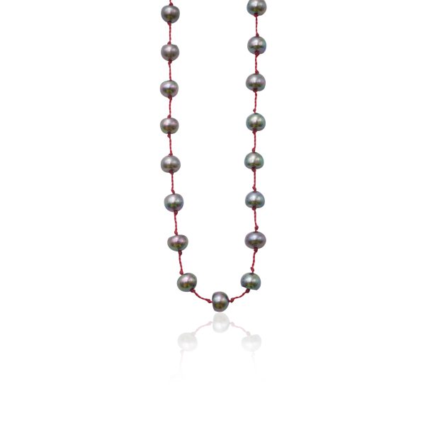 1558-Sterling-silver-beady-beat-necklace-grey-pearls-garnet-cord-42cm