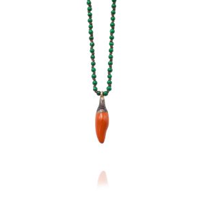 1795-Necklace Soo Hot Chili with X-Small Orange Pepper, Malachite beads and Brown cord