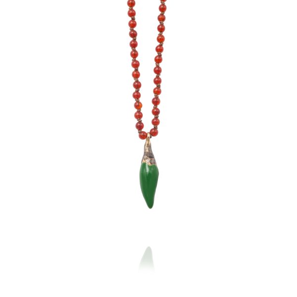 Necklace Soo Hot Chili with X-Small Green Pepper, Corneol beads and Brown cord