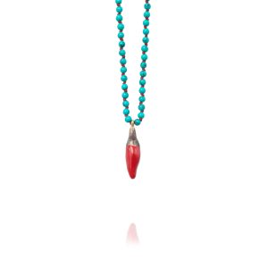 Necklace Soo Hot Chili with X-Small Red Pepper, Turquoise beads and Red cord