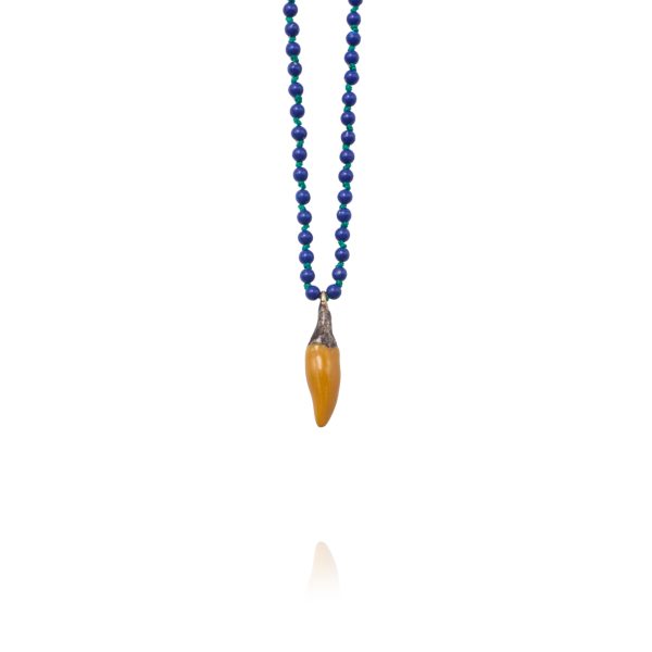 Necklace Soo Hot Chili with X-Small Yellow Pepper, Lapis Lazuli beads and Green cord